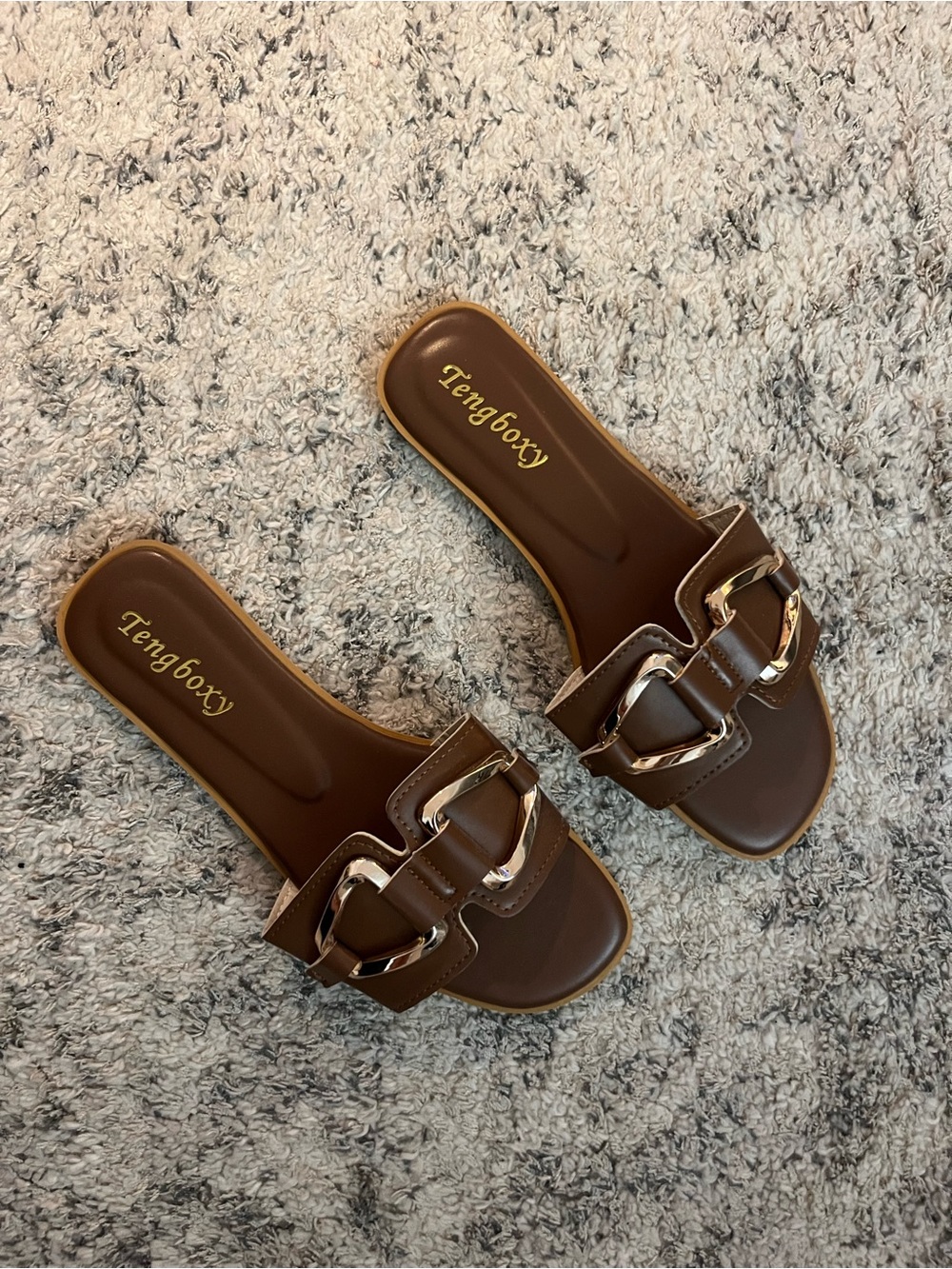 Women's Brown Slide Sandals with Chain Detail